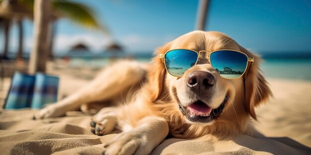 Pies Golden Retriever jest na wakacjach w nadmorskim kurorcie i relaksujący wypoczynek na letniej plaży Hawaii AI Generative