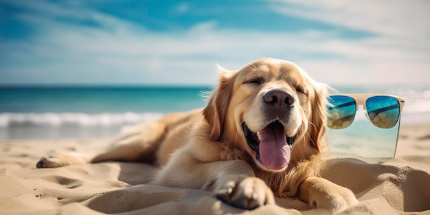 Pies Golden Retriever jest na wakacjach w nadmorskim kurorcie i relaksujący wypoczynek na letniej plaży Hawaii AI Generative