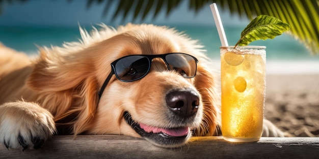 Pies Golden Retriever jest na wakacjach w nadmorskim kurorcie i relaksujący wypoczynek na letniej plaży na Hawajach