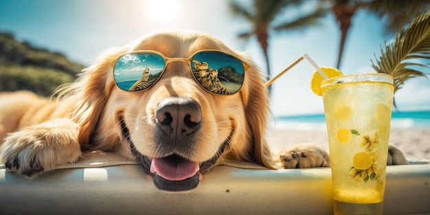 Pies Golden Retriever jest na wakacjach w nadmorskim kurorcie i relaksujący wypoczynek na letniej plaży na Hawajach