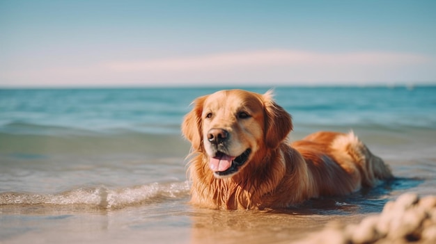 Pies Golden Retriever leżący na plaży i bawiący się piłką