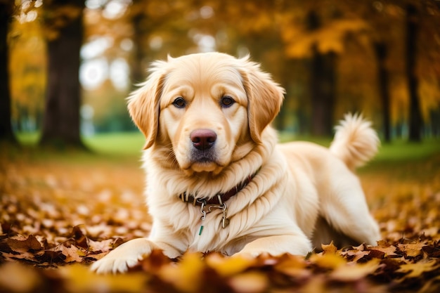 Pies golden retriever leżący na ziemi w parku z liśćmi na ziemi