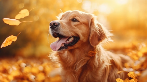 Pies golden retriever na tle jesiennej przyrody