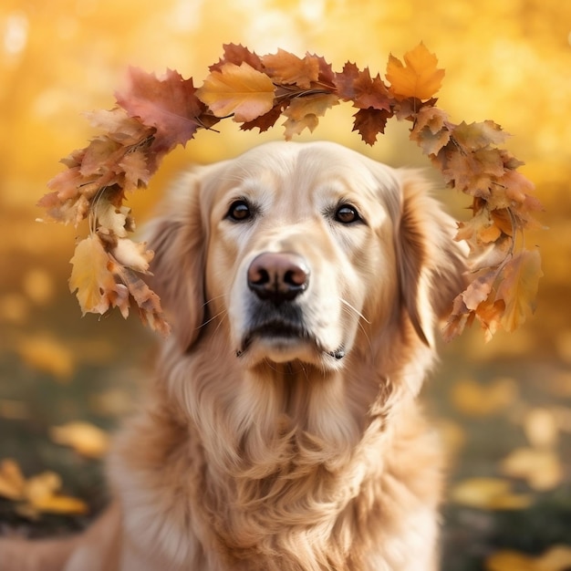 Pies Golden Retriever ozdobiony słonecznym żółtym wieńcem AI