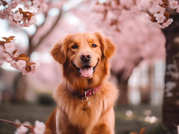 Pies golden retriever siedzi przed kwitnącym drzewem.