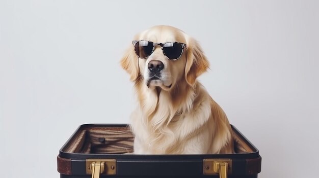 Pies golden retriever siedzi w walizce.