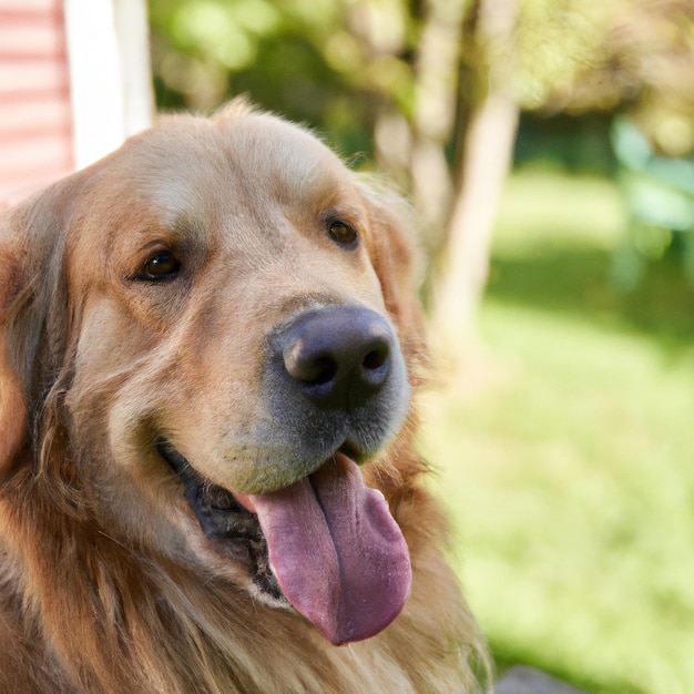 Pies Golden Retriever w dzikim jeziorze i trawniku wokół Pies ze spokojną twarzą odpoczywa