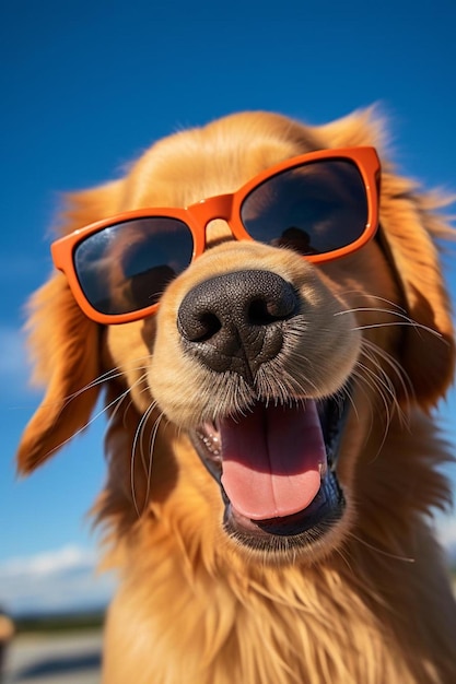 pies golden retriever w okularach przeciwsłonecznych na plaży