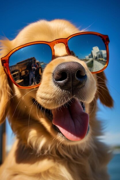 pies golden retriever w okularach przeciwsłonecznych na plaży