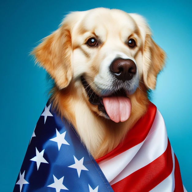 Pies Golden Retriever z amerykańską flagą na niebieskim tle