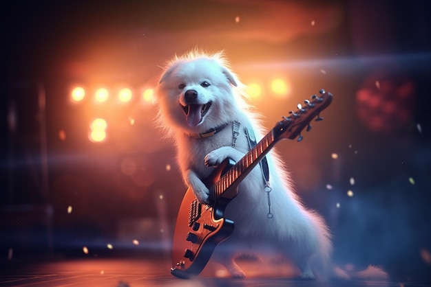 Pies grający na gitarze na scenie