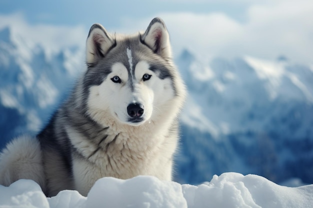 Pies Husky pozuje na spokojnym, pokrytym śniegiem tle