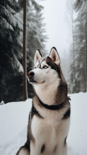 Pies husky siedzi na śniegu Obraz generatywny AI