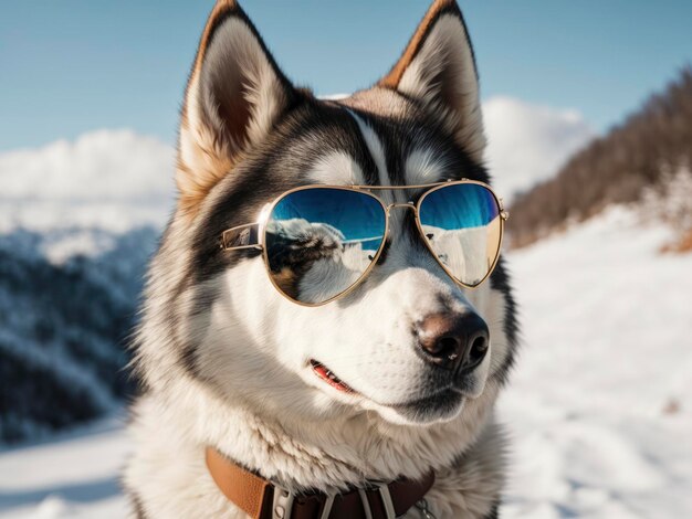 pies husky w okularach przeciwsłonecznych na śniegu z górami w tle