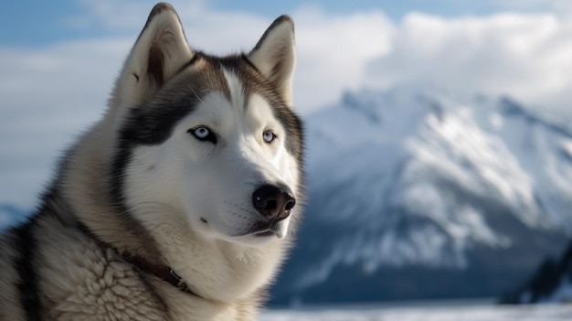 Zdjęcie pies husky ze śniegiem na górach w tle