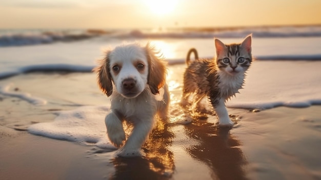 pies i cacfunny fluffy puppyand kitten siedzą na plaży dzikich kwiatów plaży iw morzu na zachodzie słońca