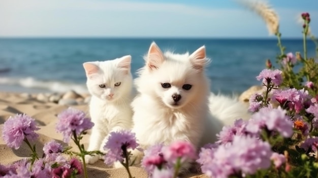 pies i cacfunny fluffy puppyand kitten siedzą na plaży dzikich kwiatów plaży iw morzu na zachodzie słońca