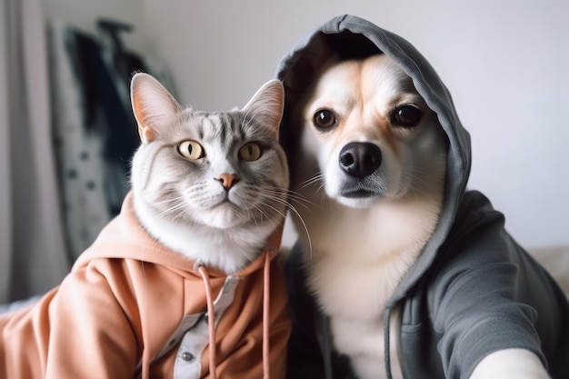 Pies i kot pozują do wspólnego zdjęcia