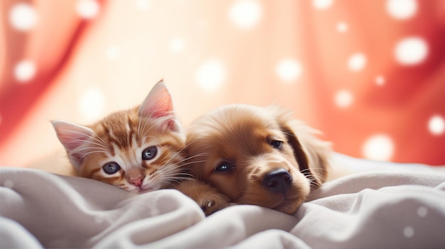 Pies i kot razem szczęśliwe zwierzęta na łóżku