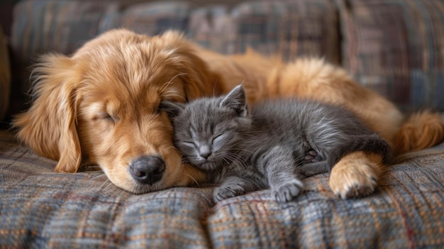Pies i kot śpią na kanapie