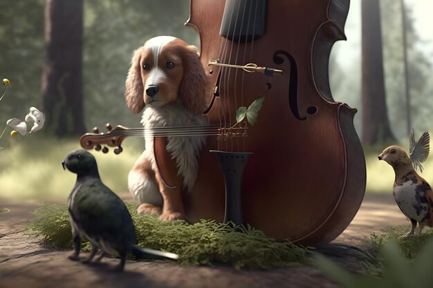 Zdjęcie pies i skrzypce grają w lesie.