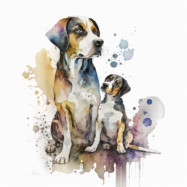 Pies i szczeniak rysunek jasnym tle farba akwarela Generative AI