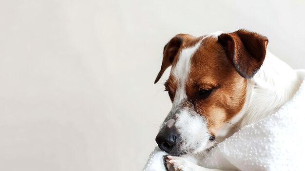 Zdjęcie pies jack russell terrier leży na białym koce closeup