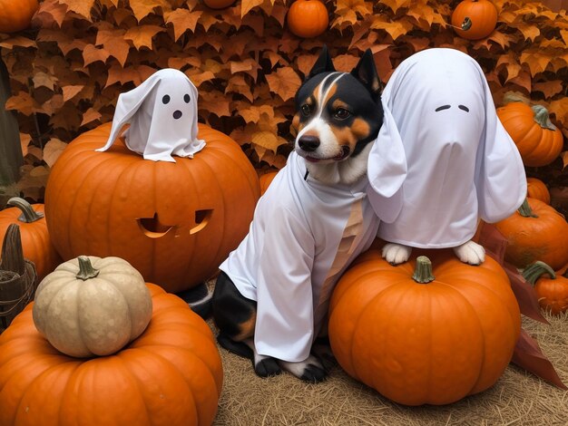 Zdjęcie pies jack russell terrier w kostiumie ducha z dyniami jackolantern w jesiennym lesie