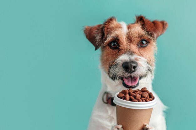 Pies Jack Russell Terrier z kubkiem papierowym wypełnionym jedzeniem dla psów na niebieskim tle