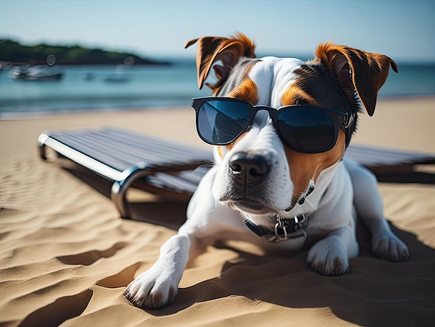 Pies jack russell terrier z okularami przeciwsłonecznymi ai generatywny