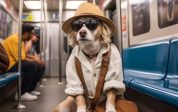 Pies jedzie w wagonie metra, siedząc w okularach przeciwsłonecznych i kapeluszu generującym ai