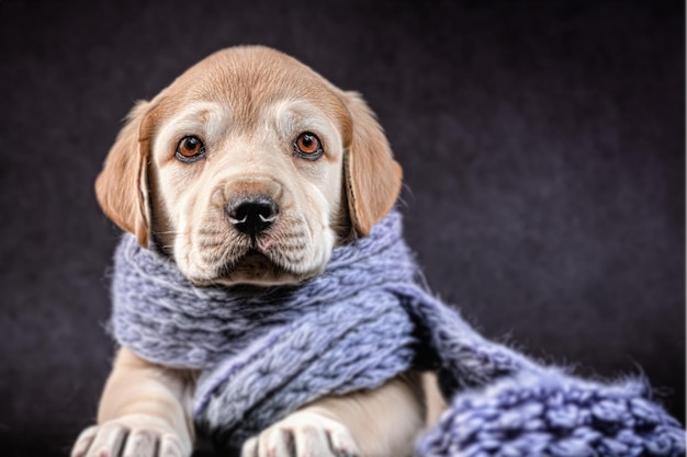 Pies jest zawinięty w szalik z dzianiny Portret przeznaczone do walki radioelektronicznej cute puppy pies niemowlęcia zawinięte w szalik