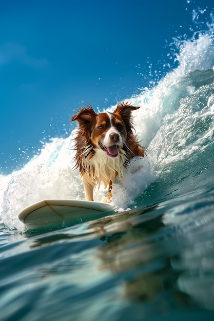 Pies jeżdżący na desce surfingowej, fale, profil oceaniczny, border collie, wciągający, miniaturowy, bardzo zrelaksowany.