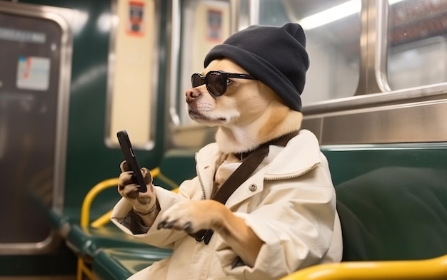 Pies jeździ w metrze za pomocą telefonu komórkowego siedzącego na siedzeniu w okularach przeciwsłonecznych i kapeluszu