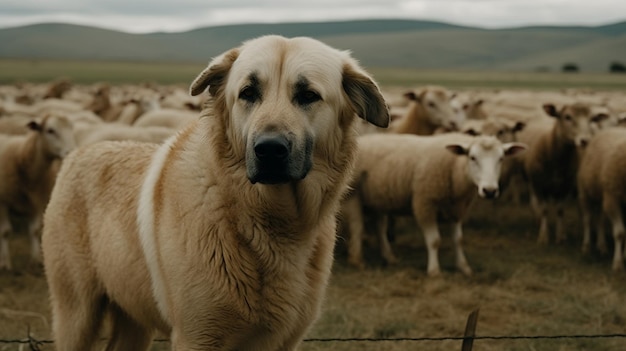 Pies Kangal przed pasterską prerią owiec