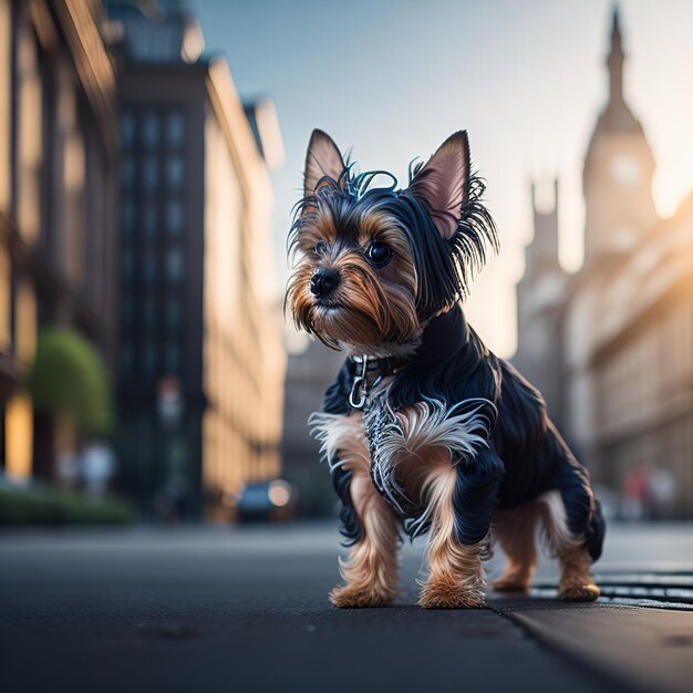 Zdjęcie pies, który ma na sobie koszulę z napisem yorkshire terrier.