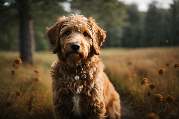 pies labradoodle siedzi na polu