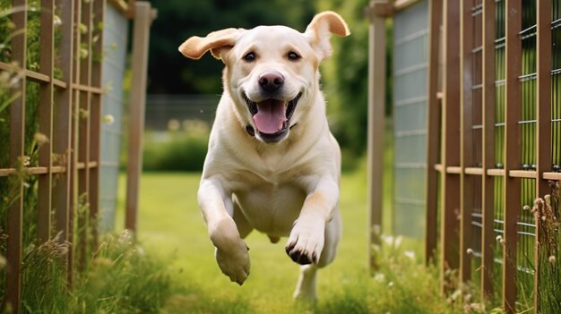 Pies Labrador retriever biegający przed bramą domową obraz AI Generowana sztuka