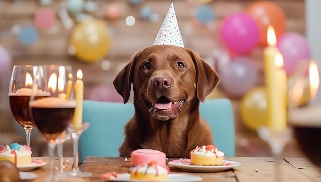 Pies labrador retriever z tortem urodzinowym i kapeluszem strony Cute pet świętuje jego urodziny