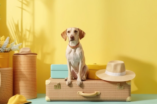 Pies labrador siedzi na walizce na żółtym tle Travel Concept Generative AI