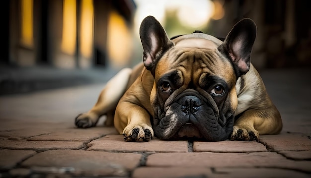 Zdjęcie pies leżący na chodniku z napisem „francuski”.