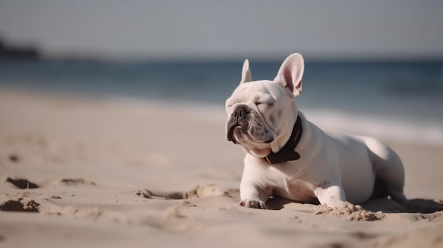 Pies leżący na plaży ze słońcem świecącym na pysk