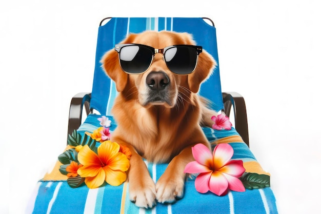 Zdjęcie pies leży na leżaku w okularach przeciwsłonecznych na wakacjach na białym tle kopiowania przestrzeni
