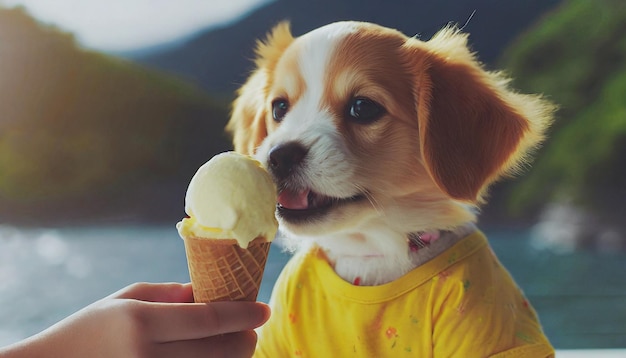 Zdjęcie pies liże dziecięce lody.