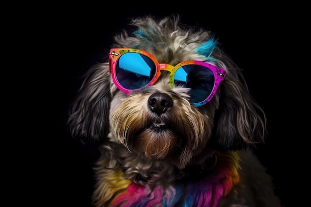 Pies ma na sobie kolorowe okulary na czarnym tle Pet ilustracji generatywnej AI