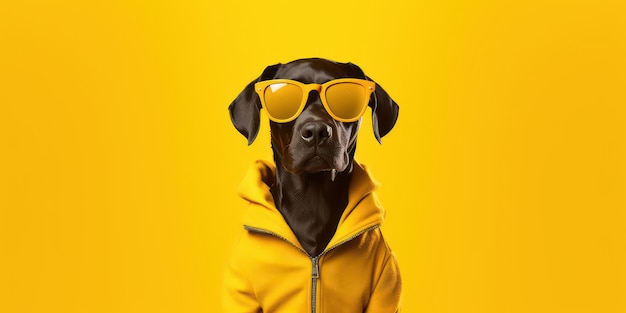 Pies ma na sobie okulary przeciwsłoneczne odizolowane na żółtym tle Generative AI