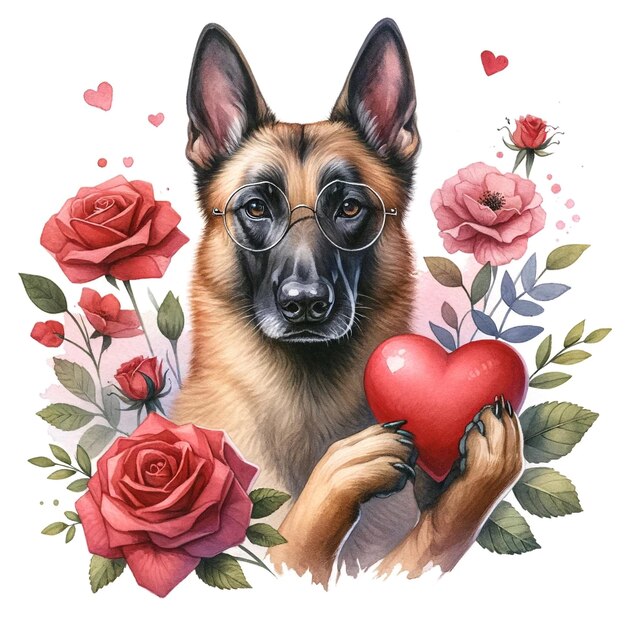 Pies Malinois trzymający serce w łapach ilustracja akwarela