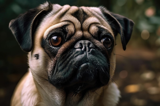 Pies Mops Patrząc Na Aparat Fotograficzny W Bardzo Bliska Headshot Z Ogromnymi Brązowymi Oczami Mopy