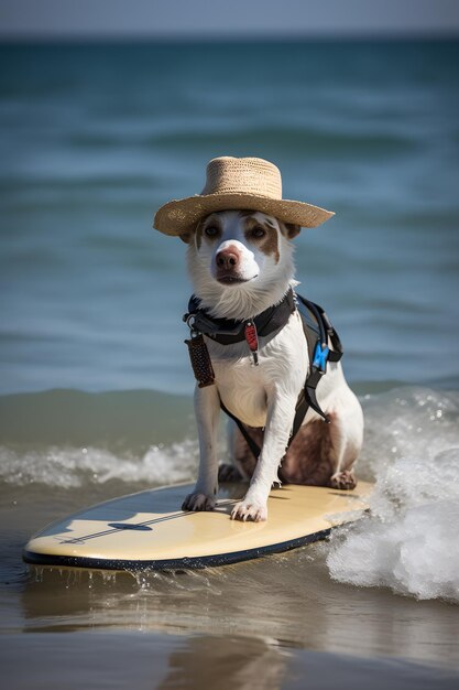 Pies na desce surfingowej w kapeluszu i uprzęży.