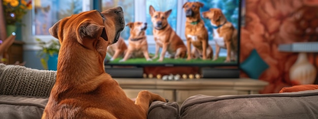 Pies na kanapie ogląda ekran telewizorowy obserwując z zainteresowaniem inne psy na wyświetlaczu